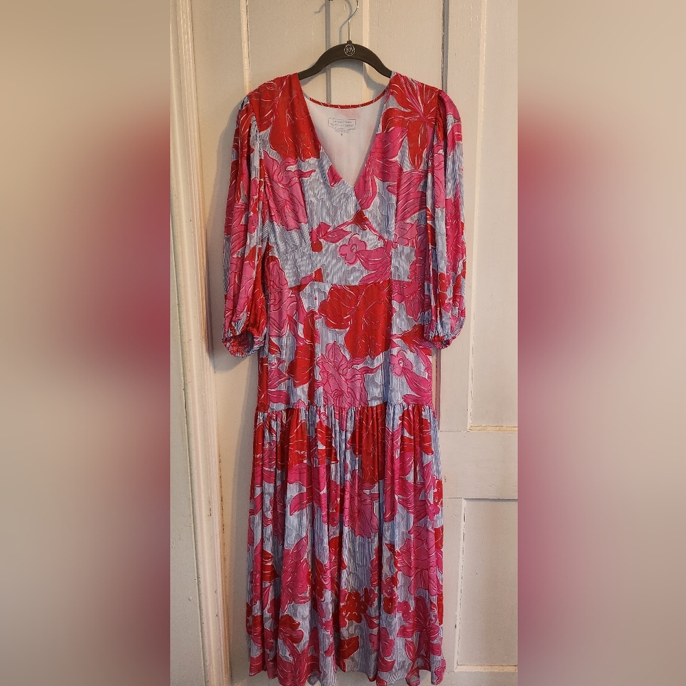 Vineyard Vines Red and Gray Tiered Bishop Sleeve Dress